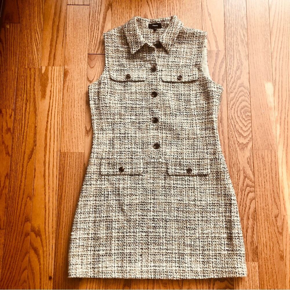 Theory Tweed Sleeveless Minidress Neutral Cream Tan Women’s Size 10 NWOT - Picture 3 of 14